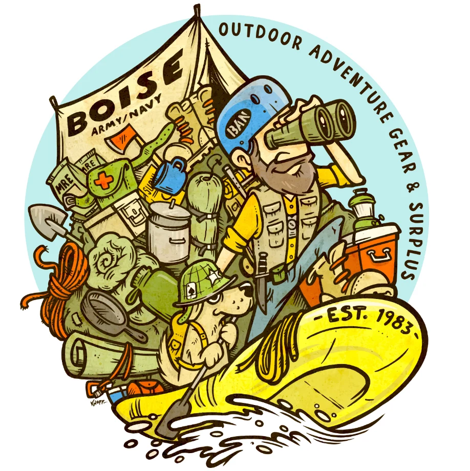 Boise Army Navy cartoon of an explorer on a raft looking through binoculars